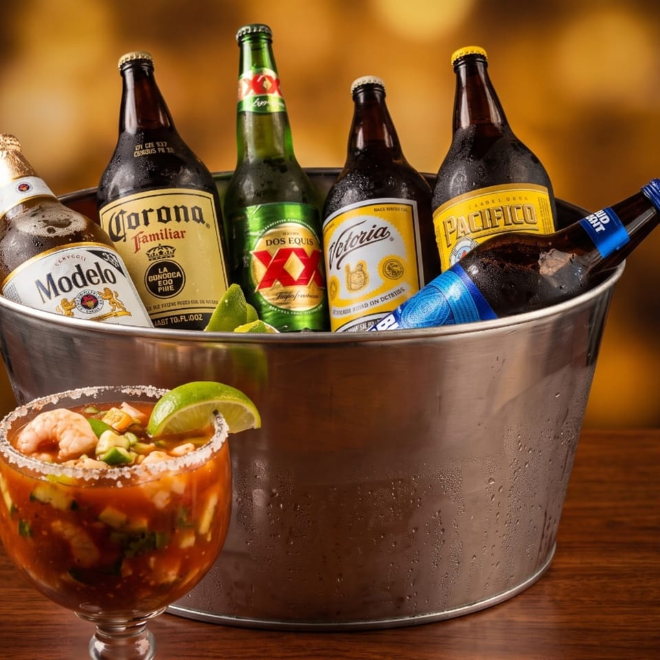 A bucket of various Mexican beers and a michelada with shrimp and lime on a wooden table.