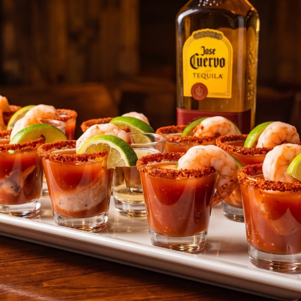 Shrimp cocktail shooters with lime and chili-rimmed glasses, with a bottle of Jose Cuervo tequila.