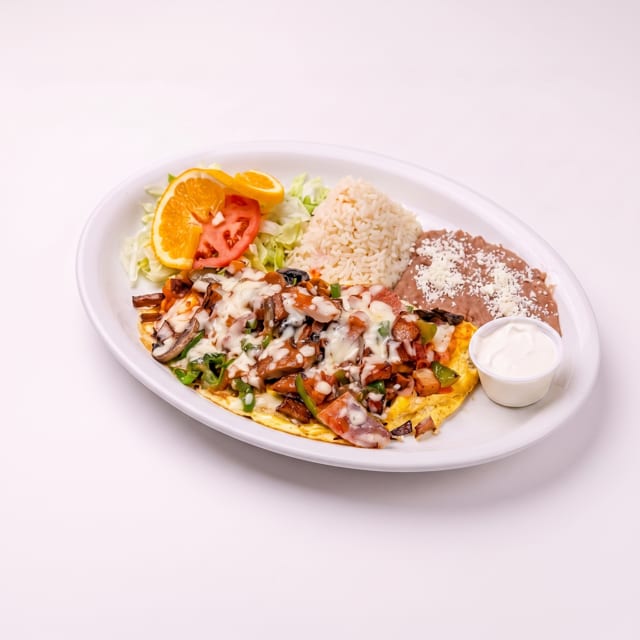 Omelet Perlas, Jamon, Chorizo, Papas & Queso.
